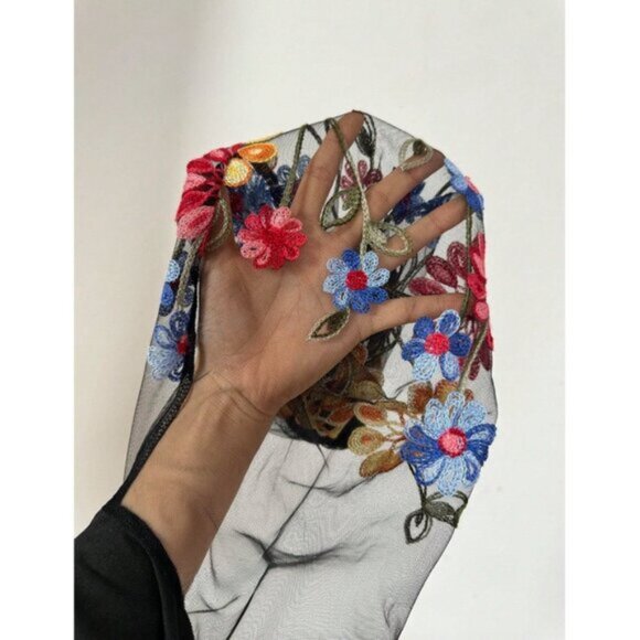 Boho Floral Embroidered Lantern Sleeves Top Black - Picture 5 of 10